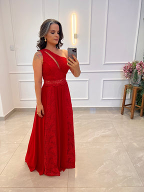 Vestido Longo Renda Musseline - Liso Vermelho 4916