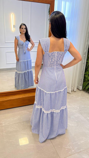 Vestido Longo Amarração Busto Listras Nio- Listra Fina Azul 4999