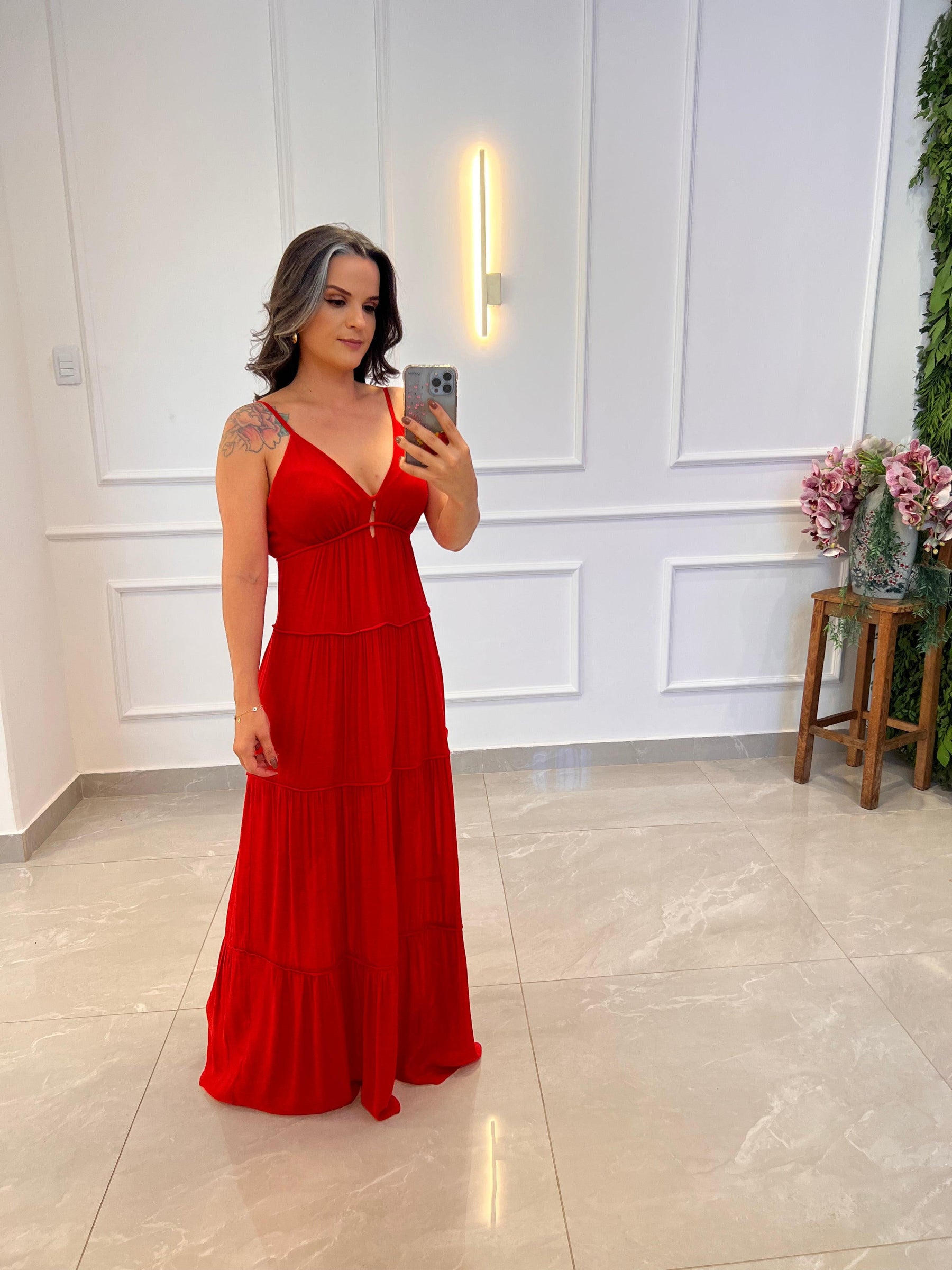 Vestido Longo Detalhe Busto Miss - Liso Vermelho 4909